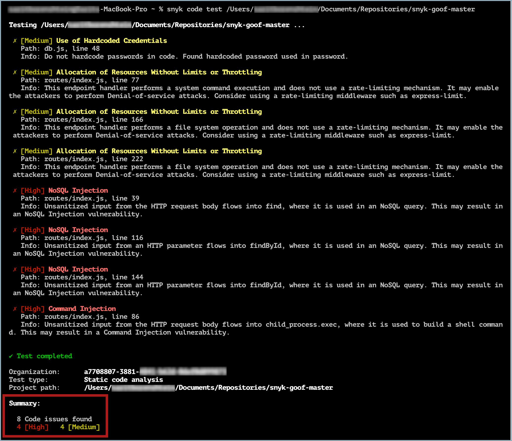 높음 및 중간 심각도의 Snyk Code에 대한 CLI 테스트 결과