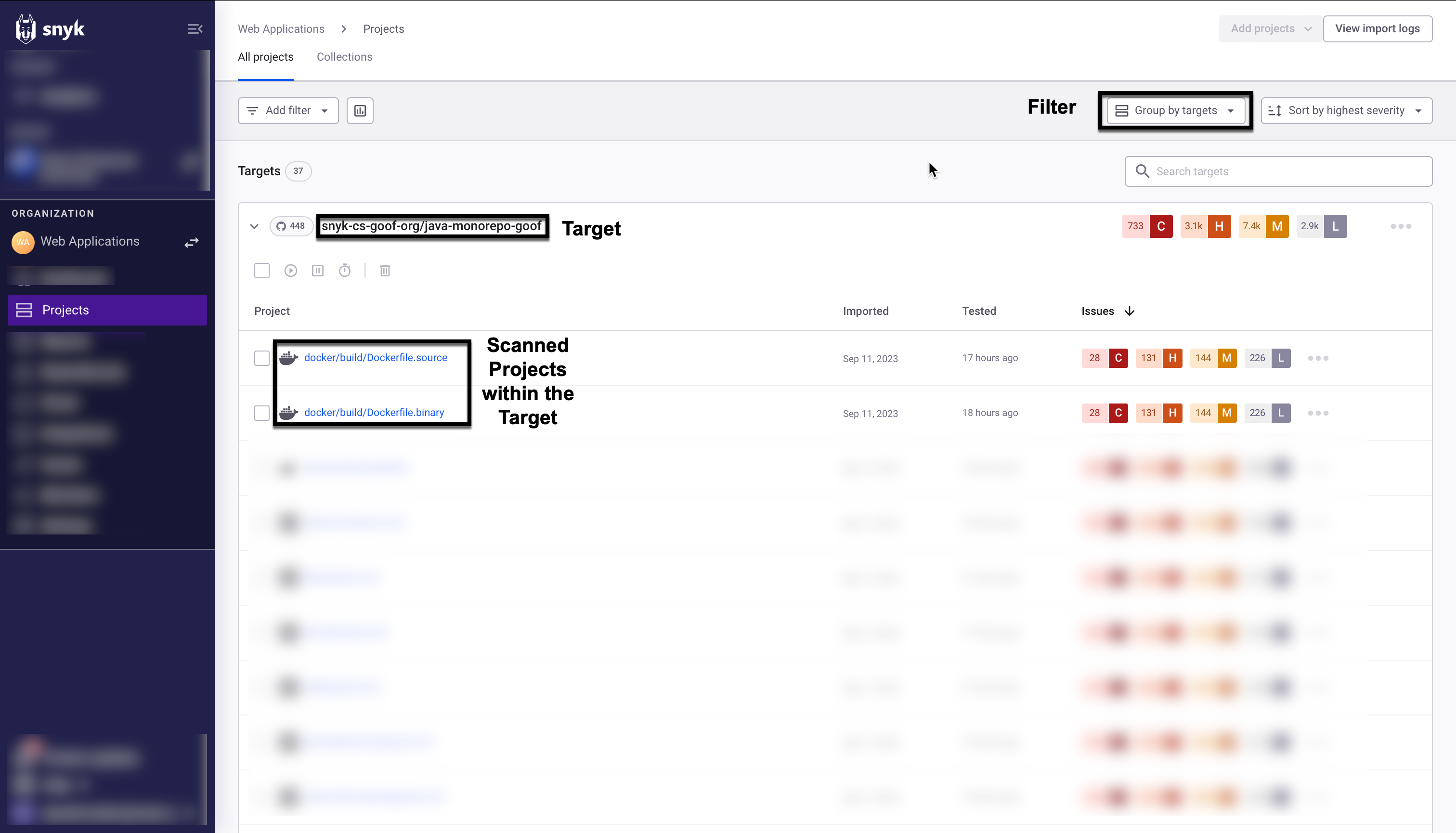 Snyk 대상 및 해당 대상 내의 프로젝트