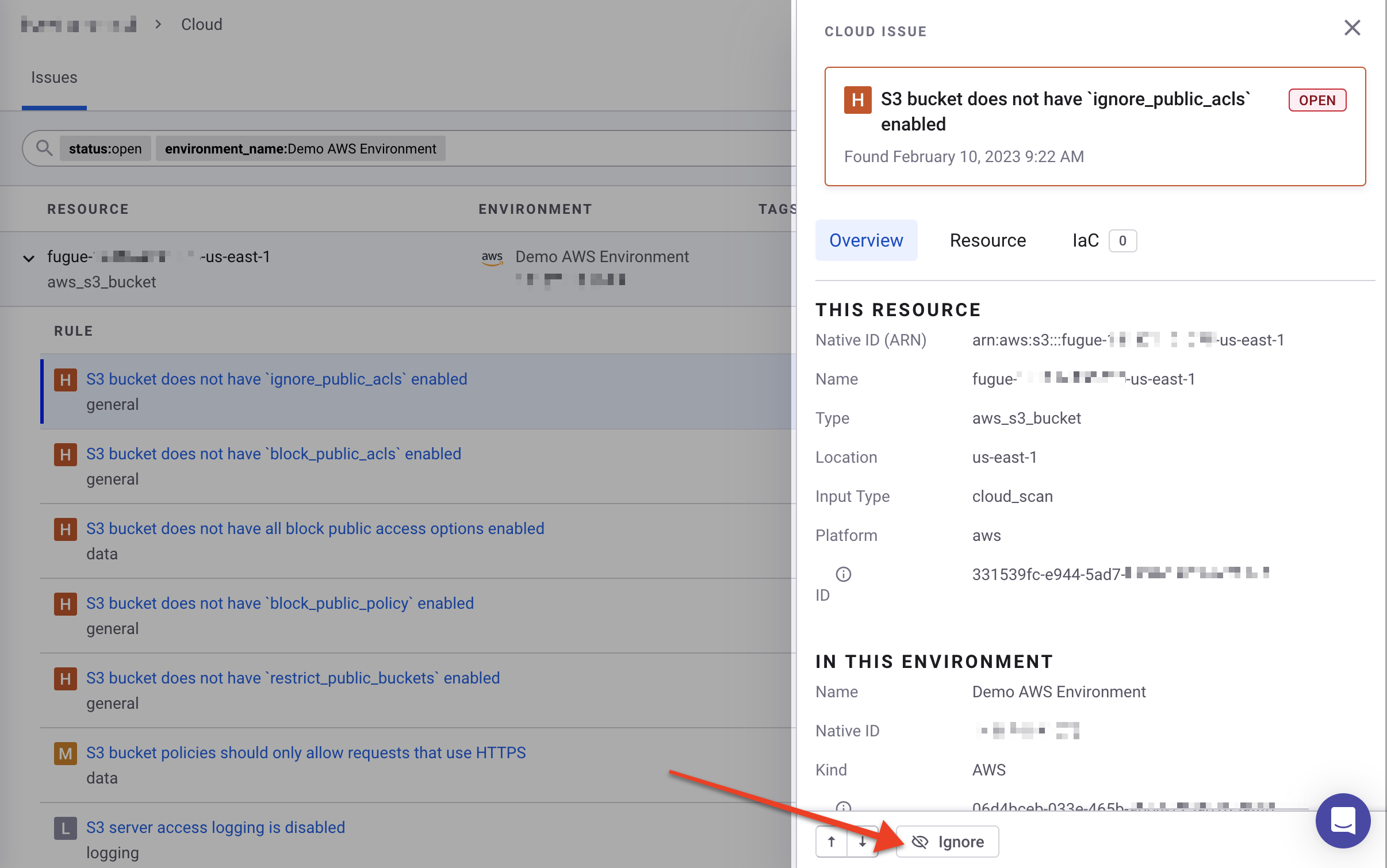 Snyk 웹 UI에서 클라우드 이슈의 무시 버튼