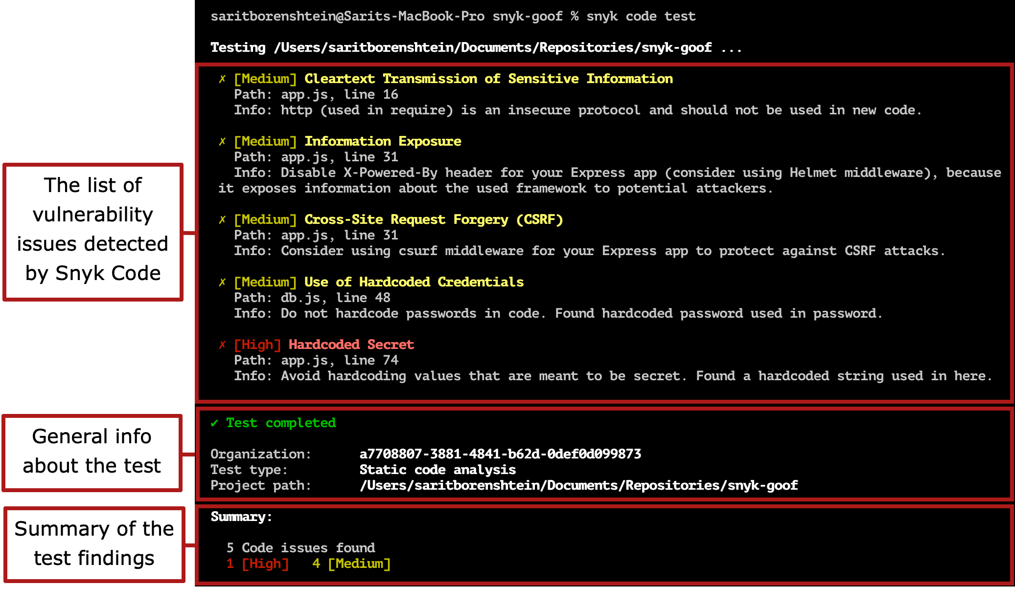 CLI의 Snyk Code 테스트 결과