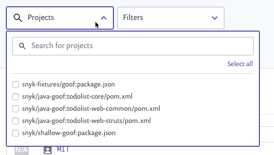 보고서 필터 - 프로젝트