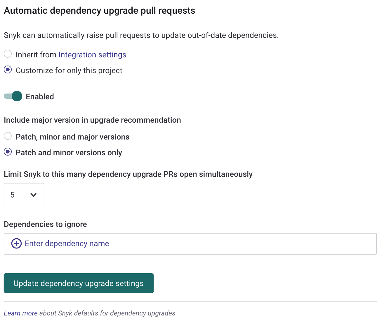 프로젝트 수준에서의 자동 종속성 업그레이드 풀 리퀘스트 설정