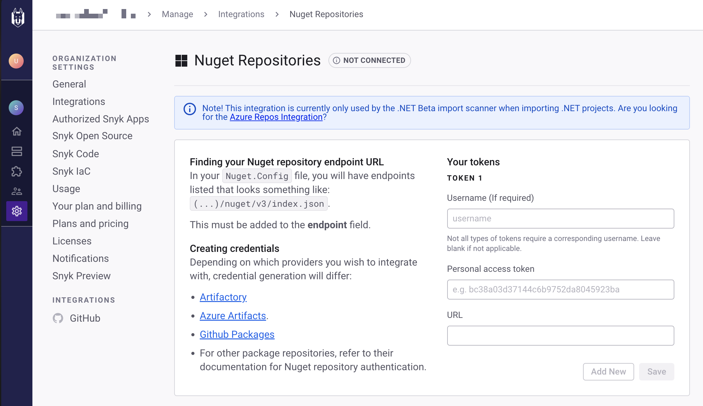 Settings, Integrations 화면에서 NuGet Repositories 설정