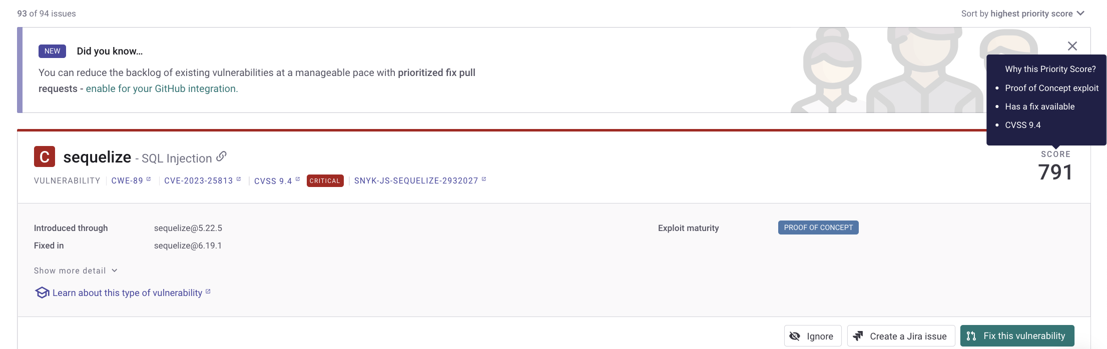프로젝트 보기의 Snyk 우선순위 점수