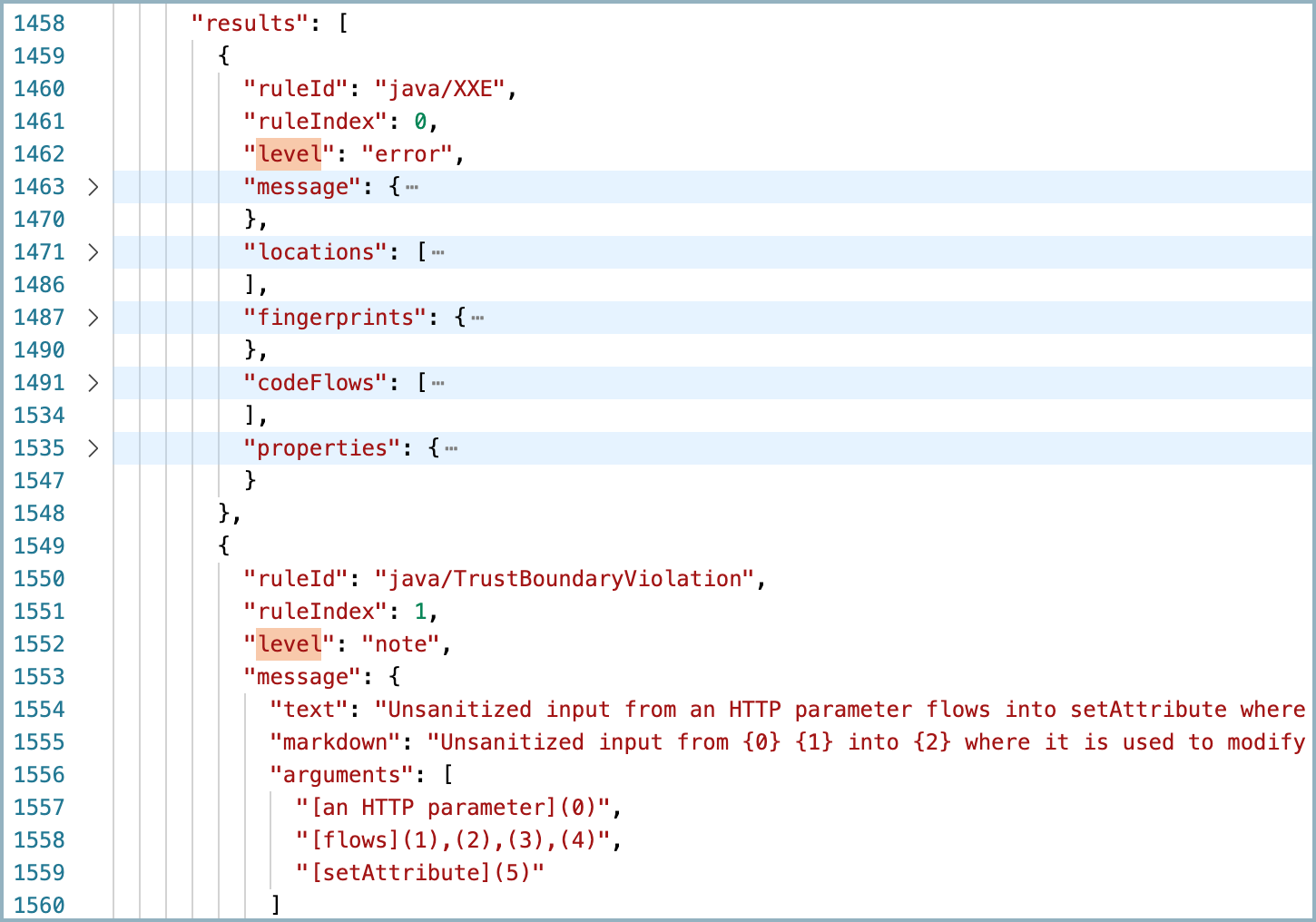 JSON 또는 SARIF 파일의 높은 및 낮은 심각도 수준