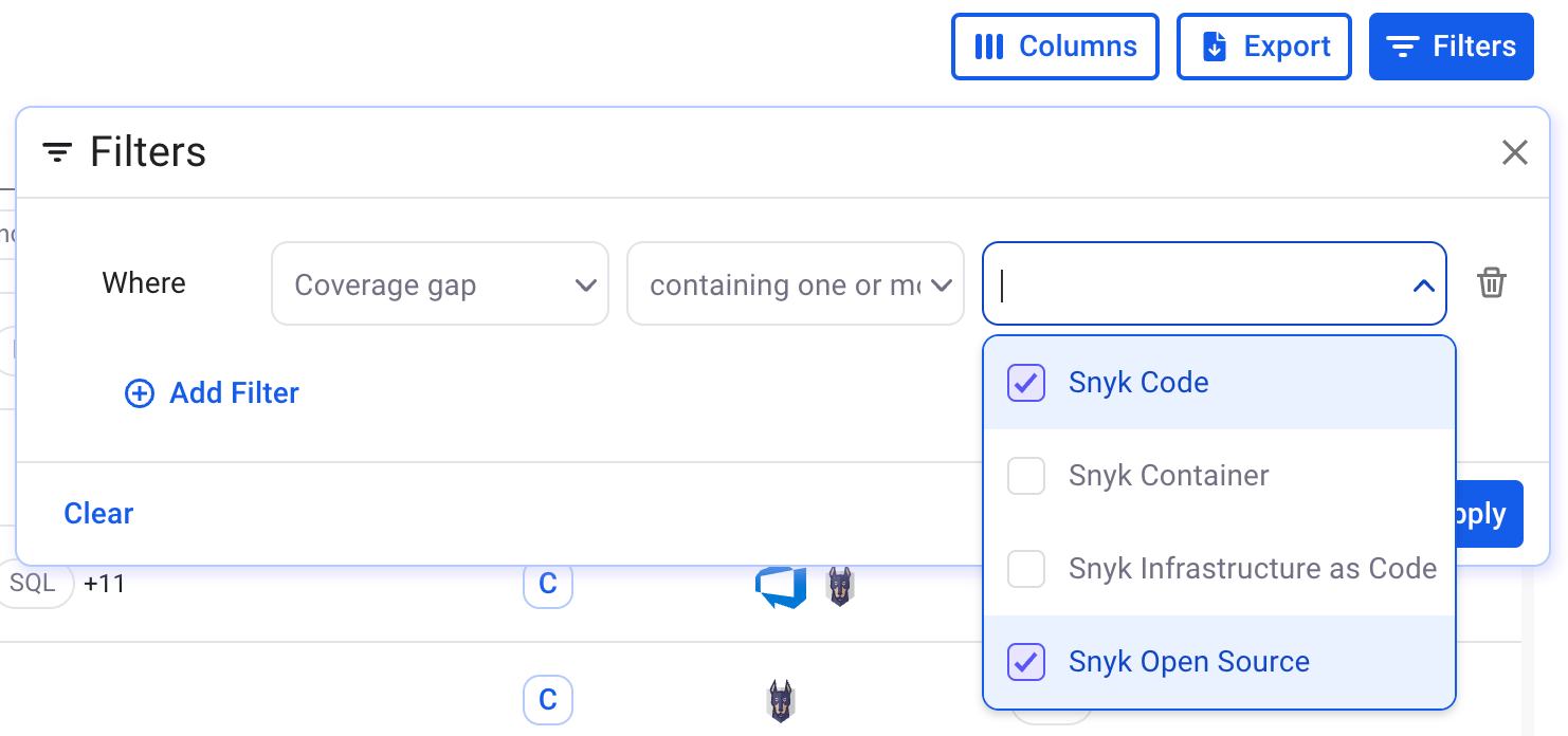 Coverage gap 필터를 사용하여 Snyk 오픈소스 또는 Snyk Code에 대해 정책을 벗어난 모든 자산 찾기