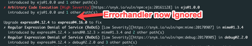 웹 UI에서 무시한 후의 Snyk test 결과