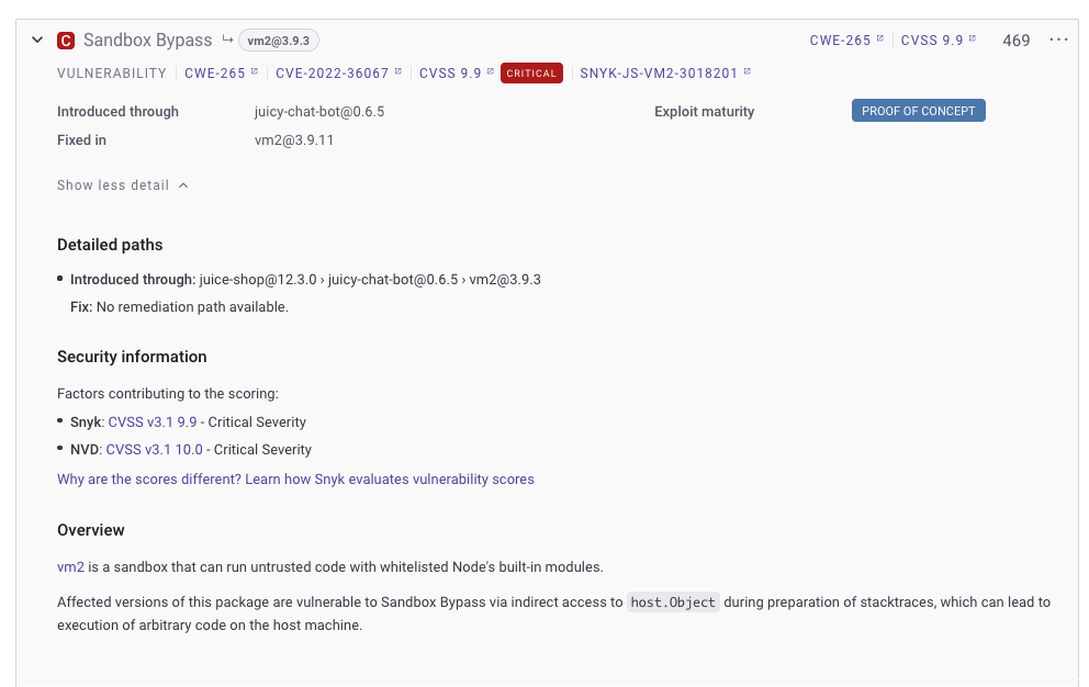 Snyk 취약점 데이터베이스의 추가 정보