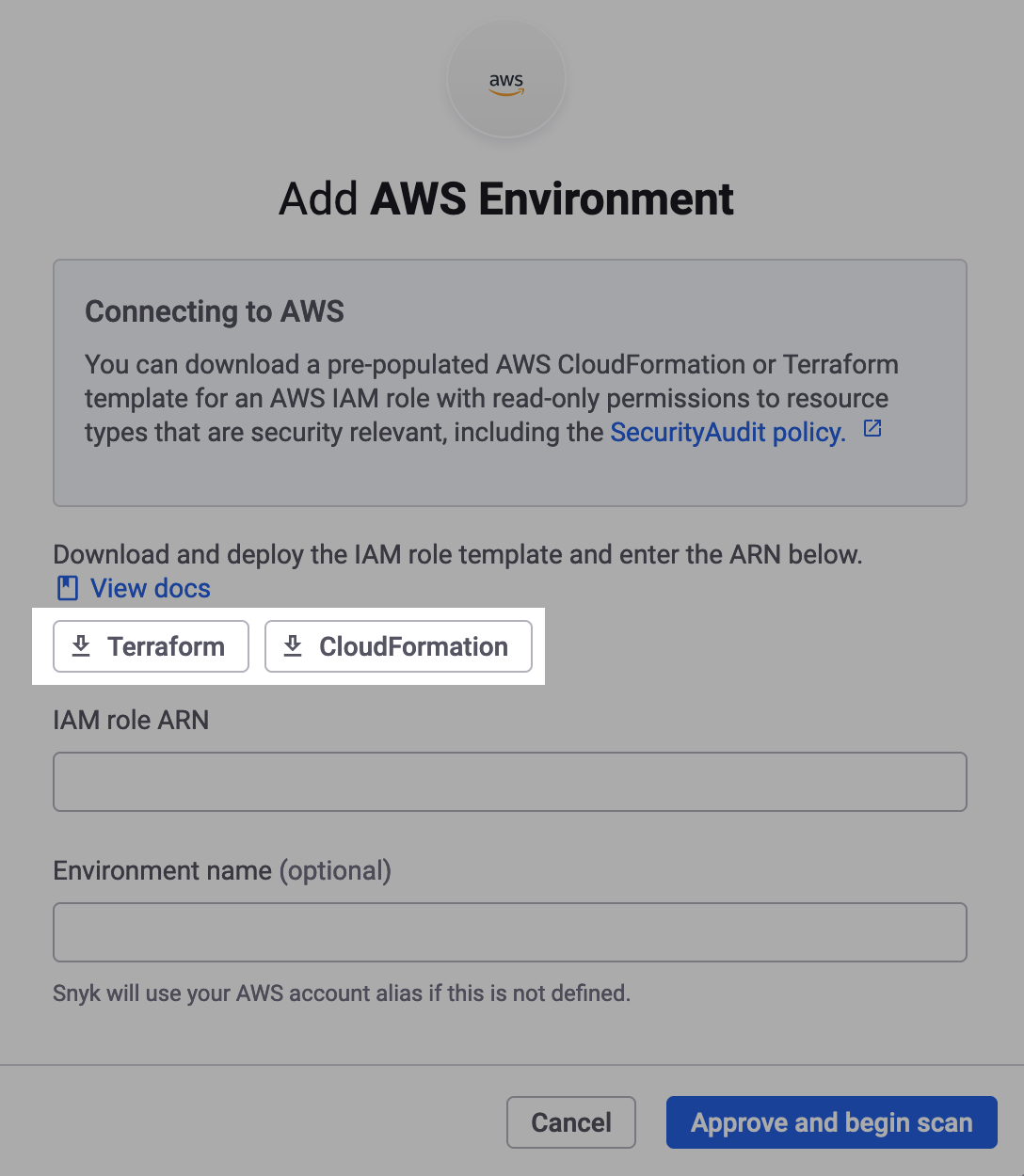 The Add AWS Environment modal