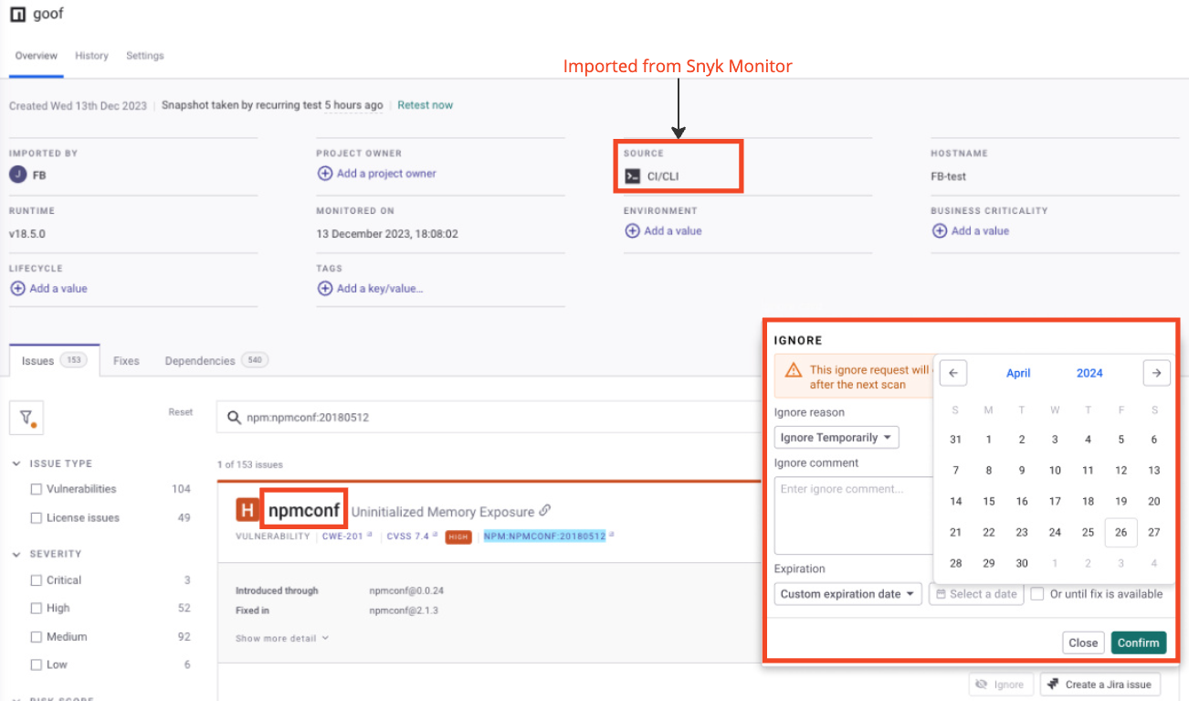 snyk monitor로 가져온 프로젝트, 웹 UI에서 설정된 무시