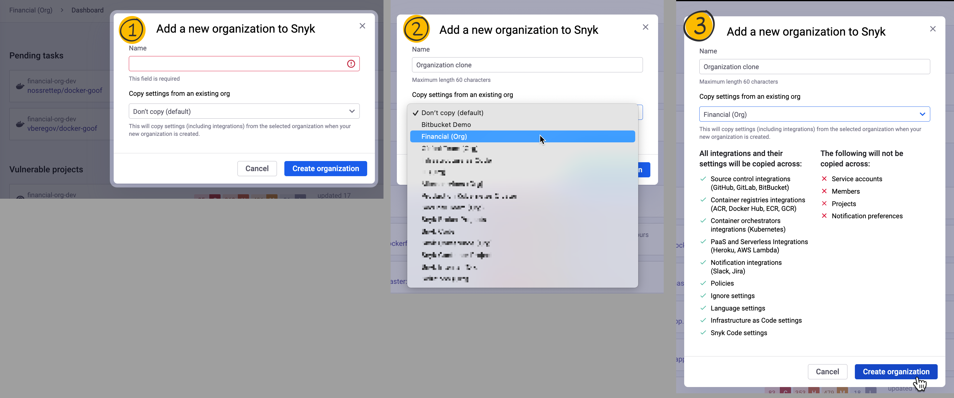 새 조직에 복사될 내용 요약 검토 및 생성