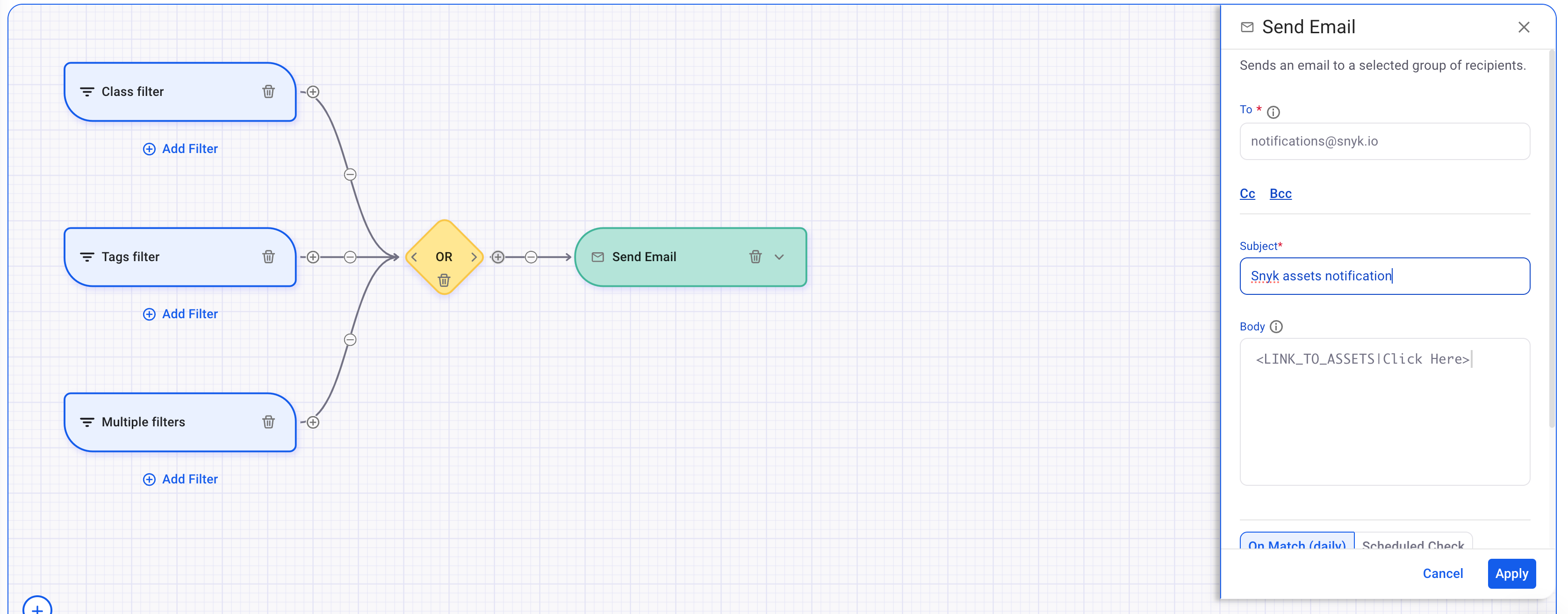 Snyk AppRisk - Send Email 작업에서 Link to Assets 옵션 설정